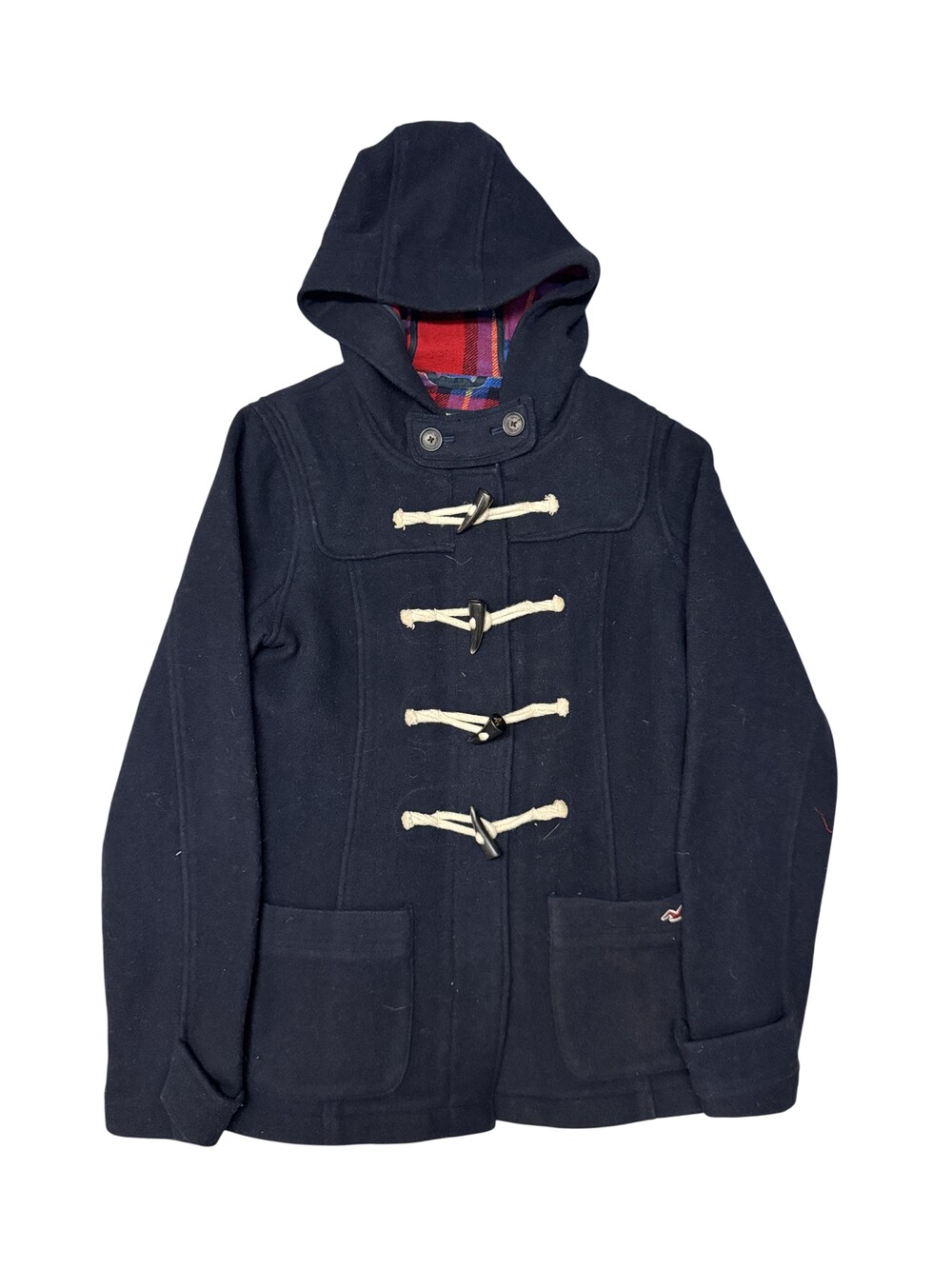 Hollister Coat Juniors L Blue Wool Duffle Parka Hooded Toggle Plaid Lined Y2K